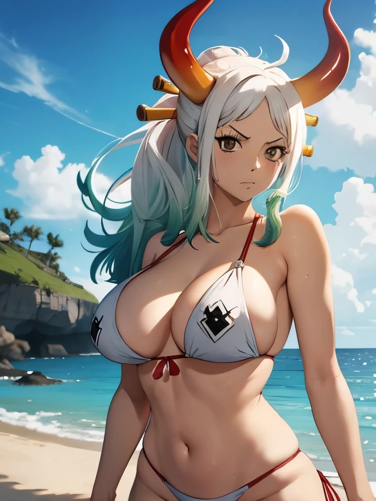 Micro bikini，One woman，one piece,Yamato，Yamato，swimsuit，white hair, green hair, red horns, big breasts