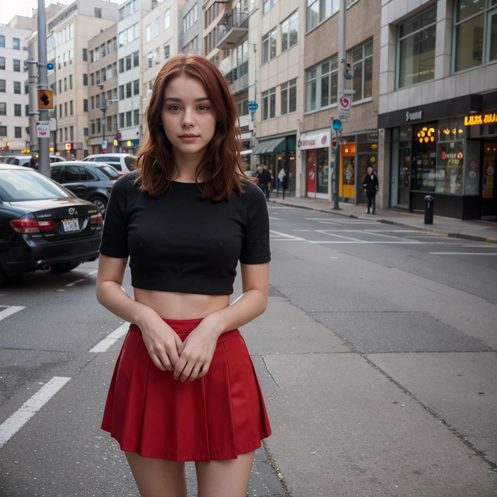woman on the street photoshoot cute 20 years old red hair dressed red skirt