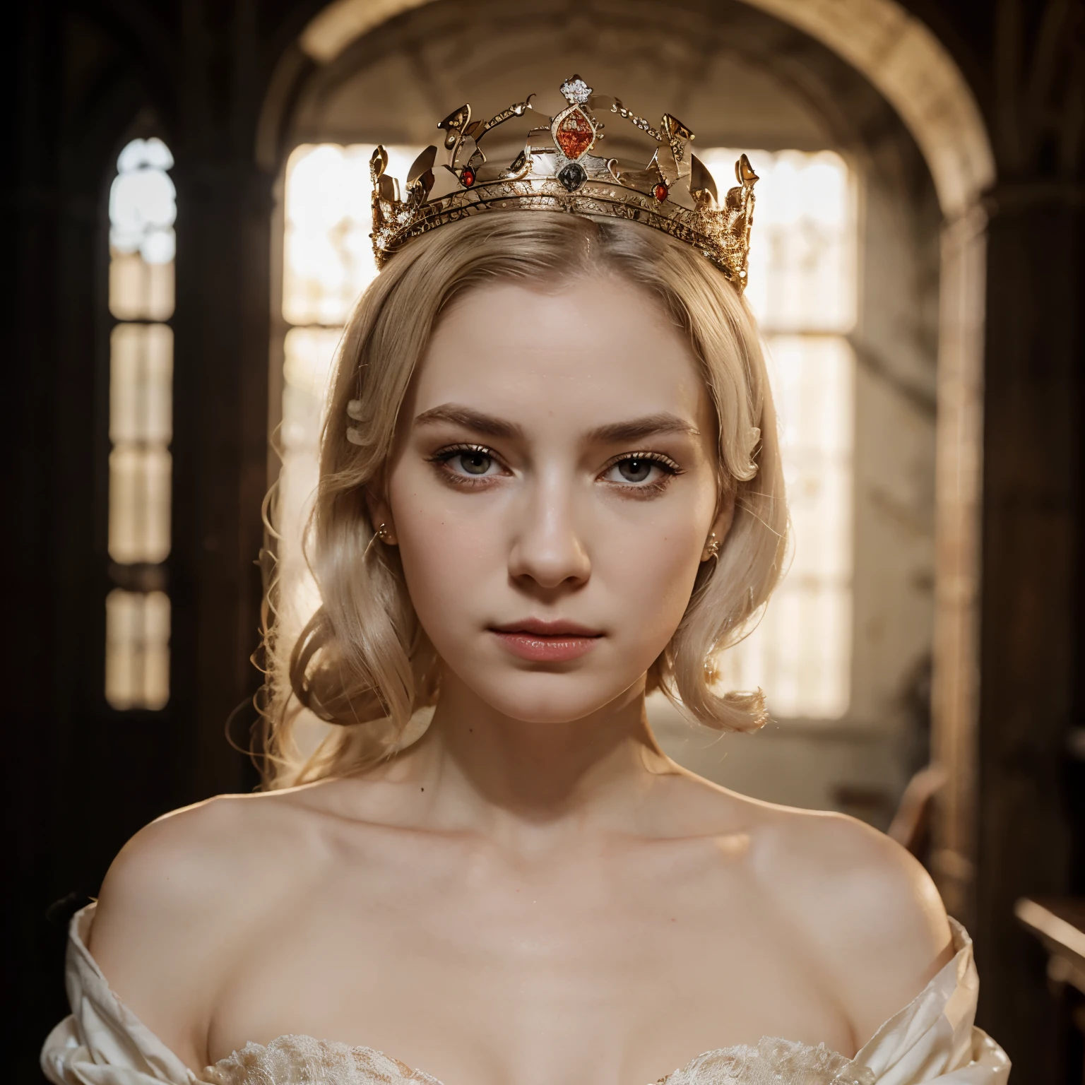 a queen, pale-skinned, with a piece of parchment under her eyes and a crown of pure blood