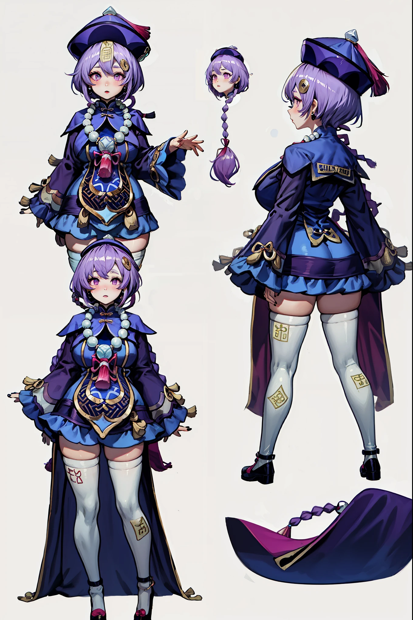 girl, solo, full body, from head to toe, standing, (Huge_Breasts:1.3), beautiful body, perfect body, nice body,

((Character Design Sheet:1.7, character reference sheet:1.7,)),

qiqi_genshin, purple_hair, bangs, hat, ofuda, qing_guanmao, hair_ornament, purple_eyes, jewelry, jiangshi, necklace, beads, bead_necklace, coin_hair_ornament, purple_headwear, long_hair, braid, hair_between_eyes, blush