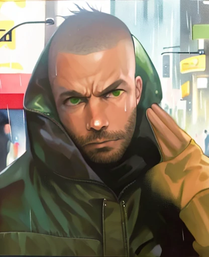 Close up of a face of a man in a green jacket, showing two fingers pretending it's a gun by his head, ((bold)), NY 70's, rainy night, big city, taxi driver movie color palette, city underground vibe, lost look, (unhappy), no future, (skinhead) , numb eyes, bom,  8k selfie photograph, patryk hardziej, aphex twin, Michael Gira 