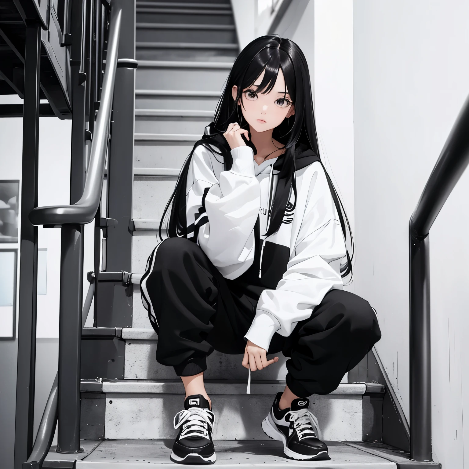 A beautiful and cute girl, long black hair, black and white hoodie, trousers, sneakers, decent, tall, stairs
