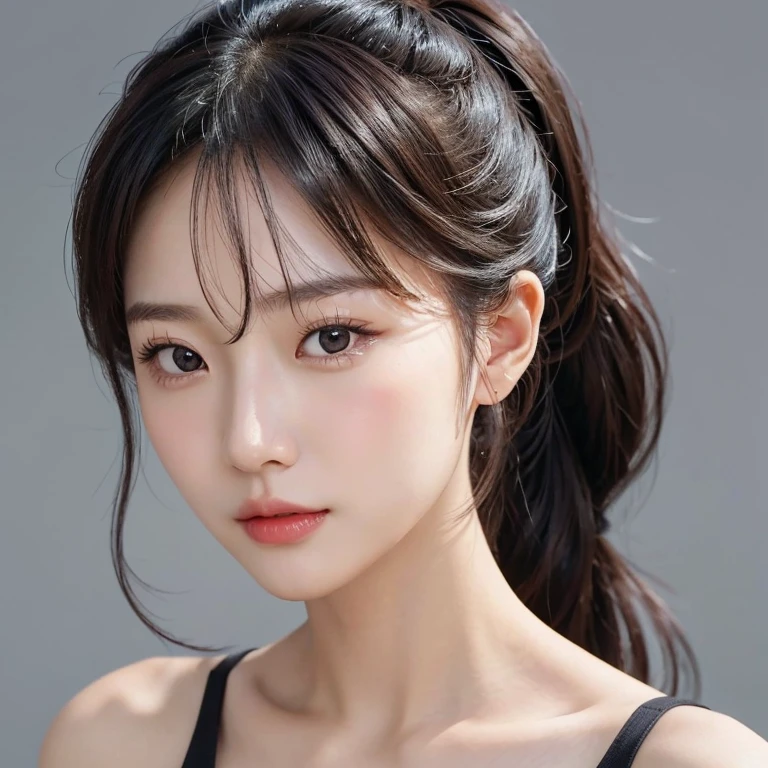  Close-up of a woman in a ponytail, Realistic. Cheng Yi, beautiful Korean women, beautiful portrait image, gorgeous face portrait, Stunning anime face portrait, Korean girl, high quality portrait, beautiful delicate face, photorealistic beautiful face, Beautiful young Korean woman, Beautiful realistic face, cute delicate face, portrait cute-fine-face, nude, perfect , 