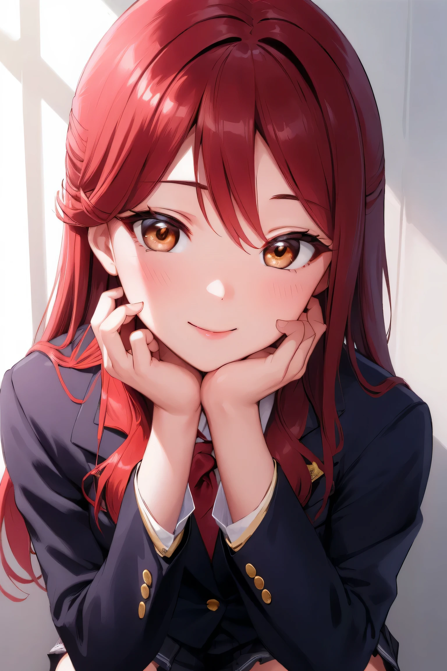 rikosakurauchi, riko sakurauchi, (brown eyes:1.5), hair between eyes, long hair, (red hair:1.5),
BREAK (blazer, bow, jacket, pantyhose, pleated skirt, school uniform, shirt, skirt:1.2),
BREAK a smile, Upper body portrait, Squatting panchira,
BREAK (masterpiece:1.2), best quality, high resolution, unity 8k wallpaper, (illustration:0.8), (beautiful detailed eyes:1.6), extremely detailed face, perfect lighting, extremely detailed CG, (perfect hands, perfect anatomy),