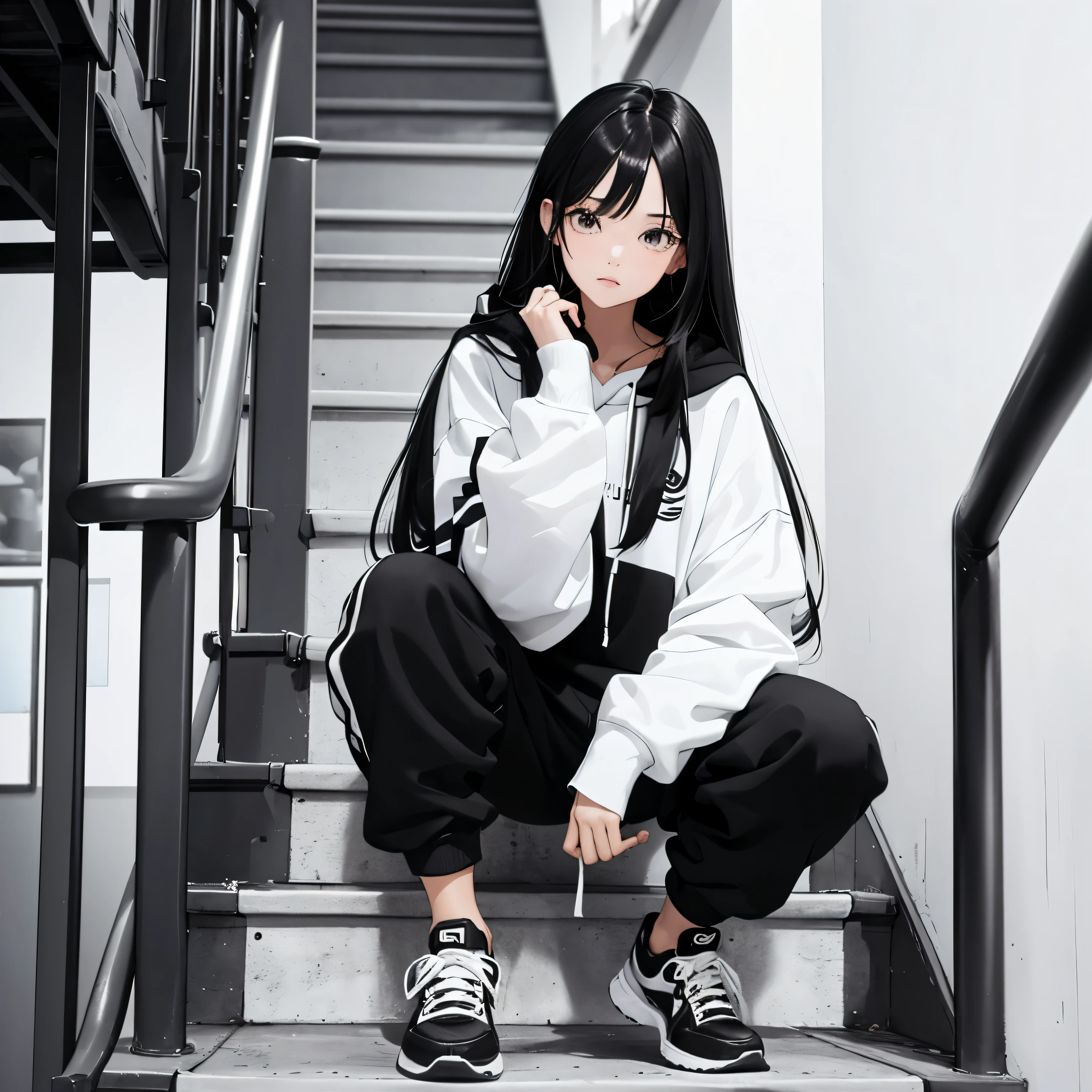 A beautiful and cute girl, long black hair, black and white hoodie, trousers, sneakers, decent, tall, stairs