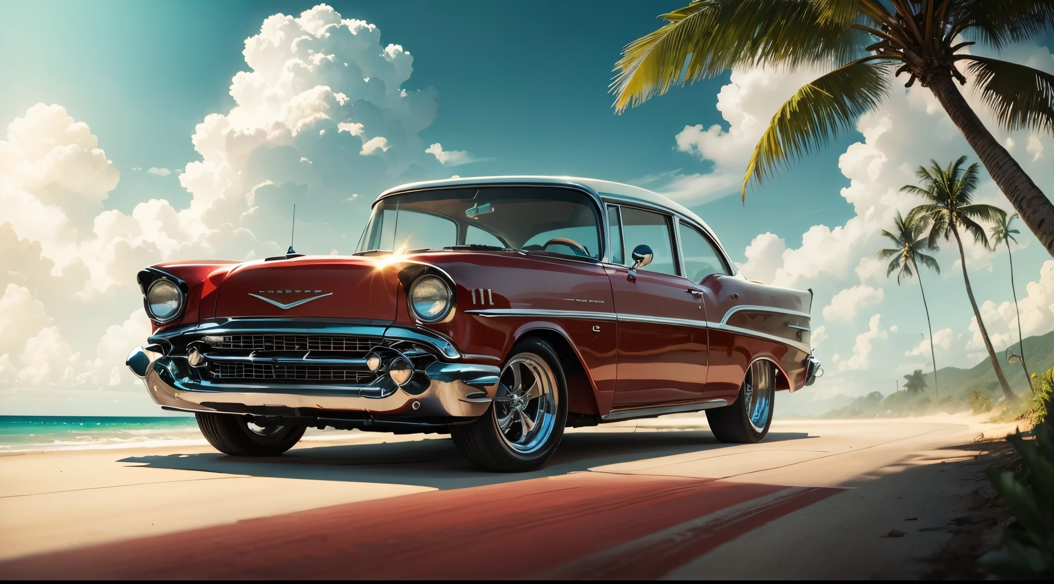 A vintage (((RED))) Chevy Bel Air 57 cruising gracefully along a palm-fringed tropical road, its gleaming high-gloss paintwork reflecting the vibrant sunlight. The azure sky stretches overhead, contrasting with the pristine white sand and turquoise waters of the secluded beach in the background. The gentle sea breeze rustles the lush green palm leaves, creating a tranquil and inviting atmosphere.
Style: High-resolution, vivid, and photorealistic, capturing the essence of a classic car cruising through a tropical paradise.