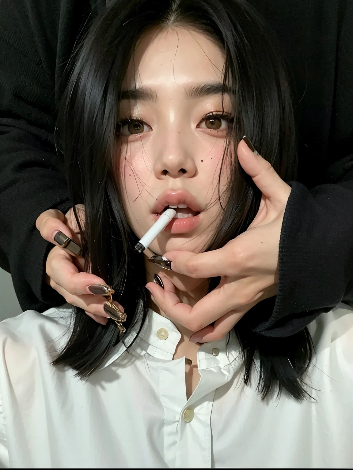 there is a woman smoking a cigarro while sitting on a chair, com charuto, cruel korean goth girl, Ulzzang, Jisoo do Blackpink, IU Lee Ji-eun as a supervillain, Jisoo do Blackpink, cigarro, fumando um cigarro🚬, hand on her chin, dramatic smoking pose, with a cigarro in its mouth, Heonhwa Choe