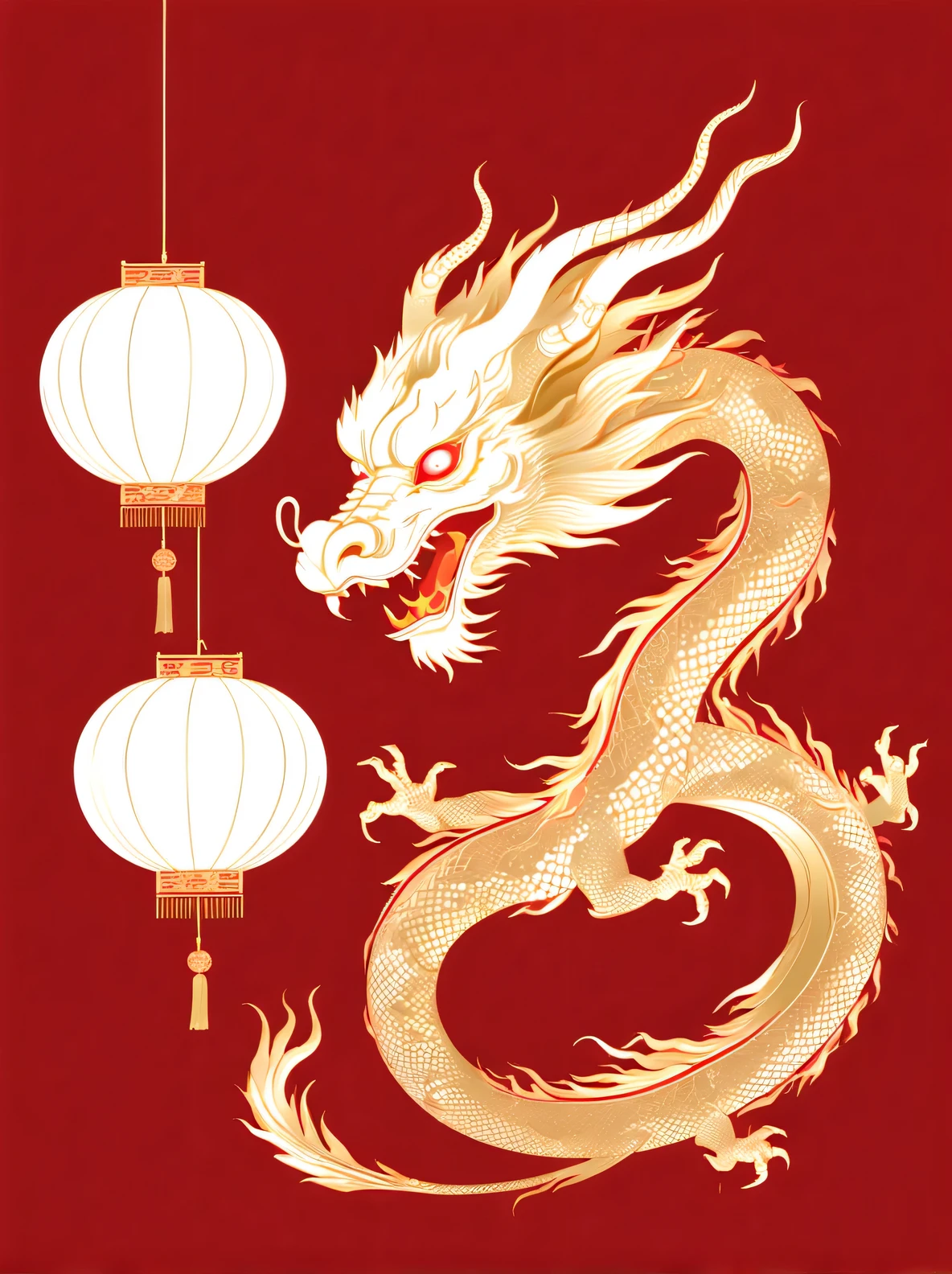 balgaviin white gold chinese dragon lantern, A style that emphasizes negative space, light red and gold, Illustrations inspired by graphic novels, Close strength, screen print, political illustration, iconic album covers
