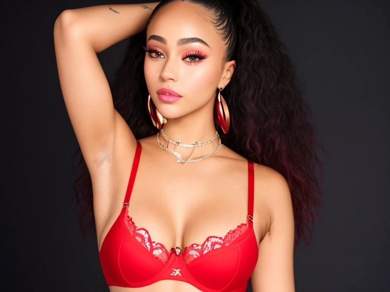 a close up of a woman in a red bra top and black pants, doja cat, bella poarch, portrait of vanessa morgan, portrait sophie mudd, karolina cummings, vanessa morgan, devon cady-lee, tiffany dover, alexis franklin, red bra, ryan kiera armstrong, gorgeous female, 2 4 old female model