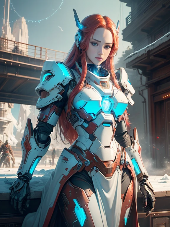 Photorealistic image ((Masterpiece)), ((high quality)) UHD 8K, of a beautiful, slim and realistic mecha transforming Robot, (medium chest), (skinny waist), (long red hair), (blue eyes), ((Hyper-realistic mecha armor, with red metal and intricate ice blue lights)), (in combat position, in a futuristic ship, science fiction)