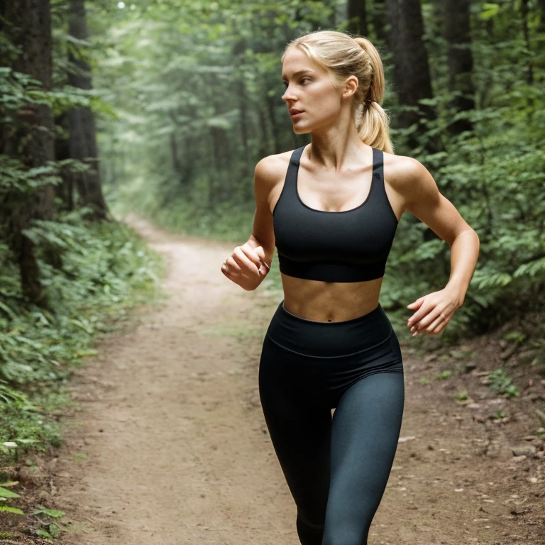 highres, masterpiece, 1girl, solo, best quality, realistic, blonde hair in a ponytail, sexy legs, sexy figure, cleavage, abs, navel, (Sexy Woman), (36 years old:1.2), running on a forest trail, summer, ((black leggings and sports bra)) 4K, HDR. by (James C. Christensen:1.2|Jeremy Lipking:1.1), fit, (dynamic camera:1.2), (Masterpiece), (Best quality:1.2), absurdities, Intricate details, skin indentation, (Highly detailed skin:1.2), ((perfect hands and fingers))