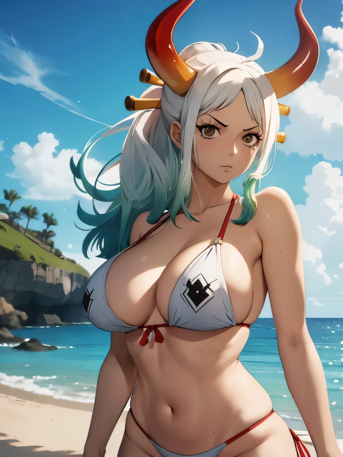 Micro bikini，One woman，one piece,Yamato，Yamato，swimsuit，white hair, green hair, red horns, big breasts