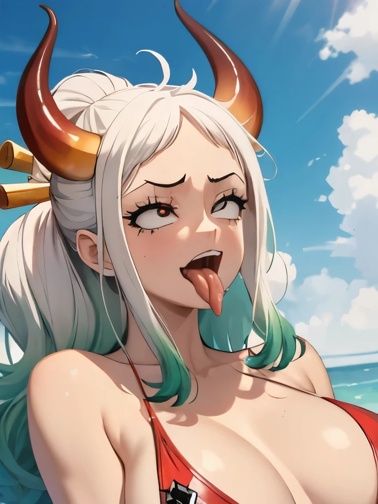 Micro bikini，One woman，one piece,Yamato，Yamato，swimsuit，white hair, green hair, red horns, big breasts, ((sticking out tongue))