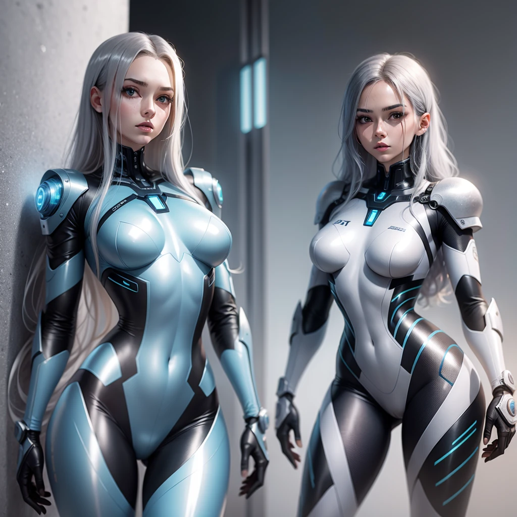 Two silver a woman, futuristic robot body, female cyborg. high resolution, robotic body, gynoid cyborg body, half robot and half woman, robot body, cybernetic body parts, cybernetic body, cyborg fashion model, diverse cybersuits, ultra detailed female android, retrofuturistic female android