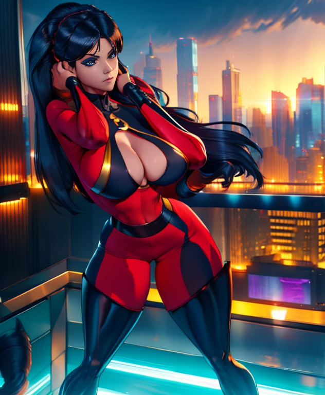 best quality,realistic,detailed,portrait,girl,superhero,in action,with intense expression,striking eyes,shiny black hair,shapely legs,in a dynamic pose,with vibrant colors,with dramatic lighting,standing on a rooftop,cityscape in the background,with a sense of power and confidence