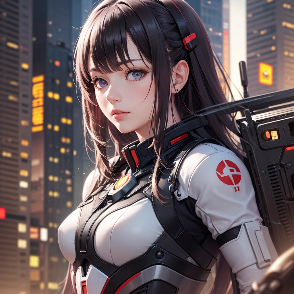 1 Gundam Girl, (((Ultra-realistic detail)), Japan person, portrait, global illumination, shadows, octane rendering, 8K, ultra-sharp, metal, intricate ornament details, very intricate details, realistic light, CGSoation trends, glowing eyes, facing the camera, neon details, mechanical limbs, mechanical vertebrae attached to the back, Mechanical neck attachment  