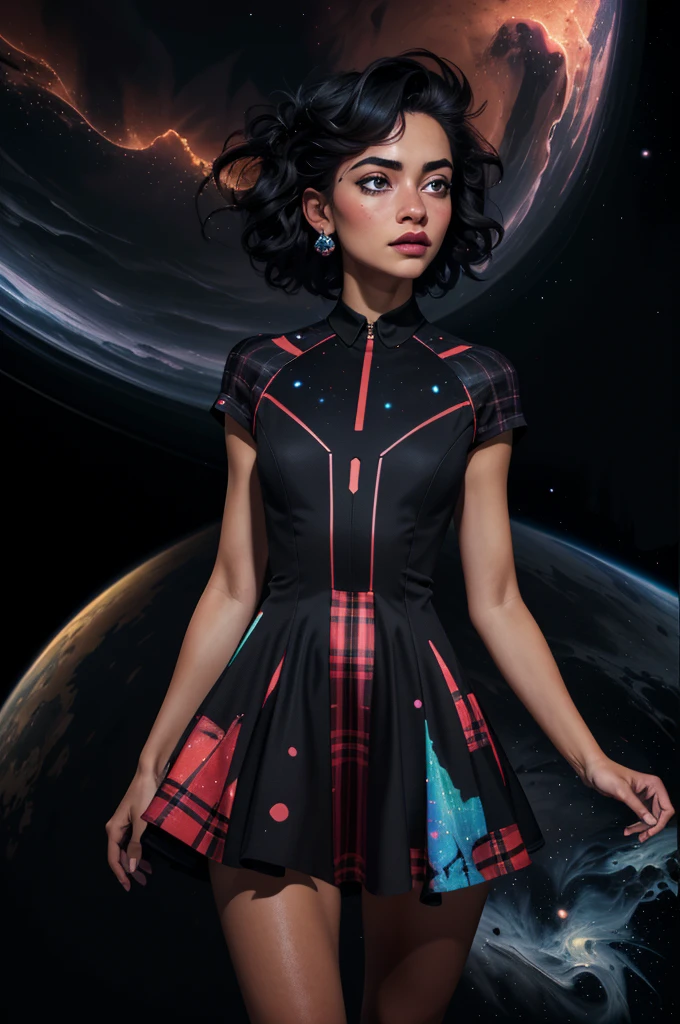 (masterpiece, best quality, highres, high resolution:1.2), extremely detailed, realistic, intricate details, 1girl, solo, looking at viewer, (abstract art:1.3), (dark theme:1.2), art, short plaid dress, stylized, deep shadow, dark theme, cosmic dress, cosmic beauty, in space, nebula, (cinematic lighting, bloom, volumetric)