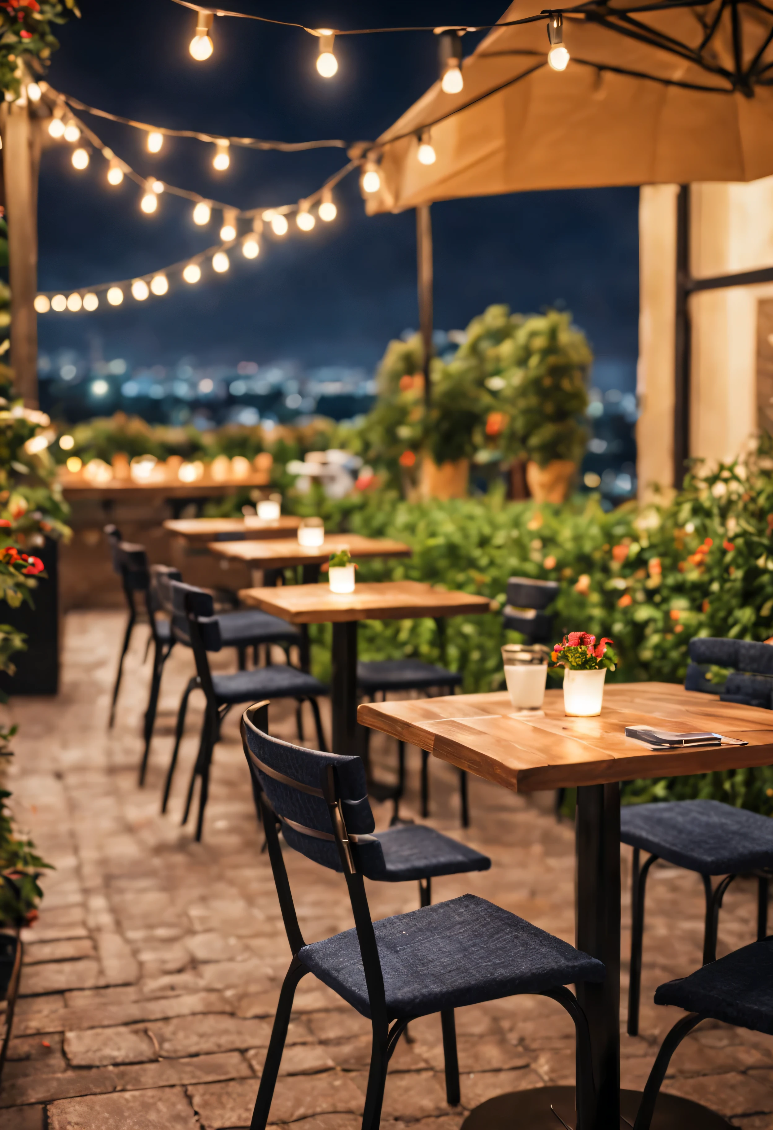 night.night.night view..Tables and chairs on the cafe garden terrace.Modern beautiful city bokeh background, Nice environment, optimistic matte, Beautiful digital artwork, cozy cafe background, Beautiful and detailed scenes, HD Terrace Cafe. Relaxation concept art, 8k high quality detailed art, 4k highly detailed digital art, Highly detailed scenes(night view.warm light)(best quality,4K,8k,high resolution,masterpiece:1.2),super detailed,(actual,photoactual,photo-actual:1.37),