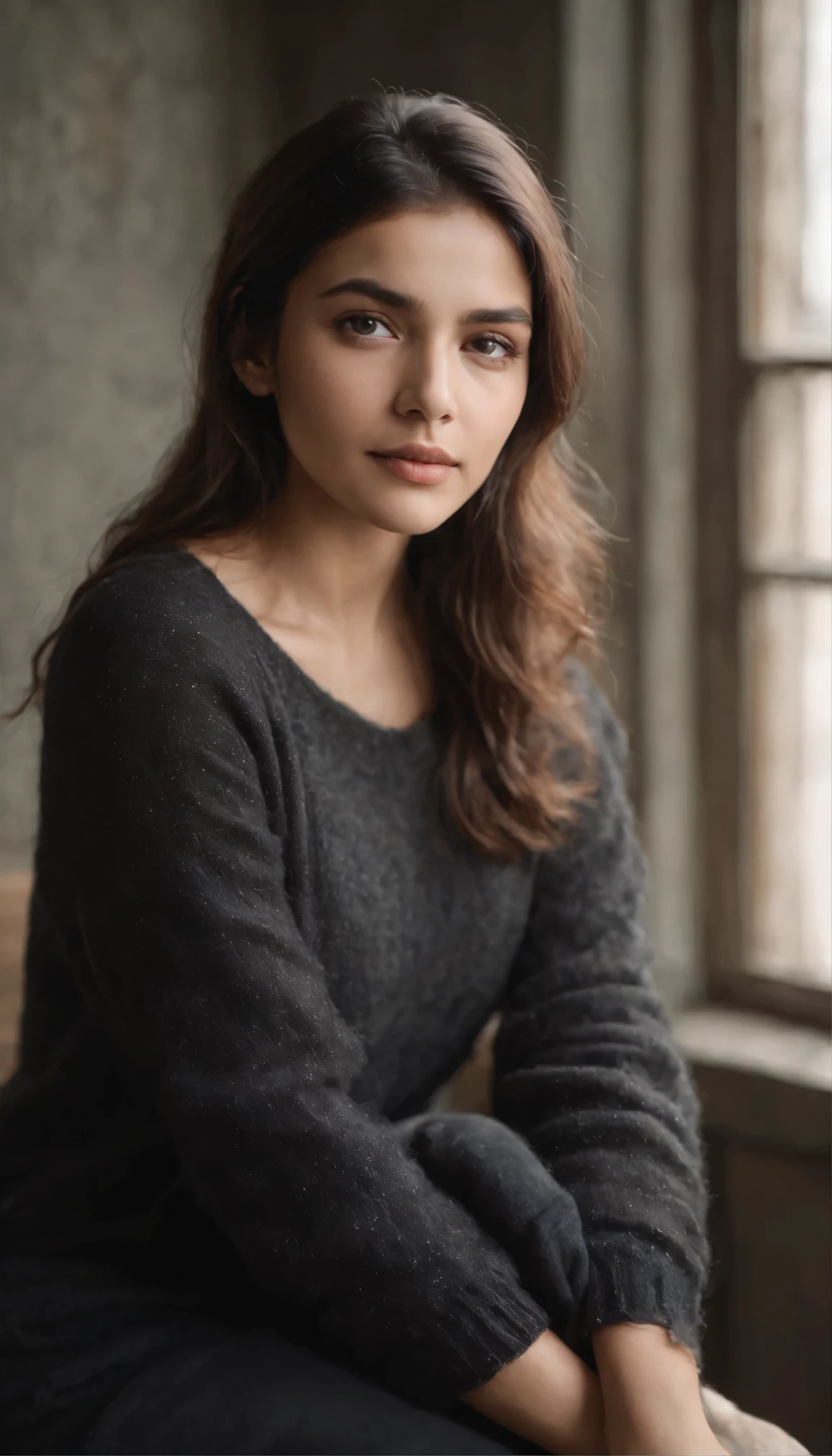Create arealistic 8K hd  image of a young indian woman seated in a modern  setting with soft, diffused daylight coming through large windows behind her. She is wearing a cozy black sweater and is posed in a thoughtful manner, with her face resting gently in her hands, elbows on her knees. Her hair is loosely styled, and her expression is pensive and serene, gazing directly at the viewer. The natural light creates a halo effect around her, enhancing the dreamy and contemplative mood of the image. The room has an aged, rustic charm, with the soft focus giving it a timeless quality, shot on Kodak porta 200, film grain --ar 3:4 --v 6.0