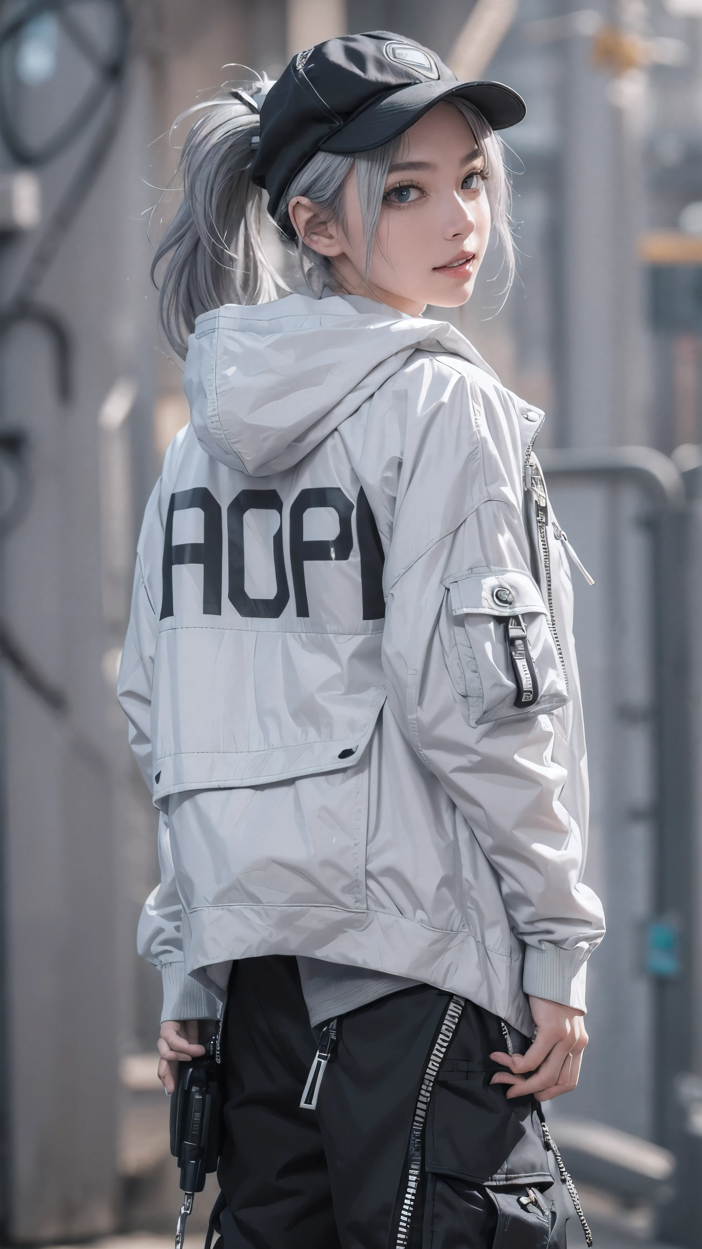 (Realistic:1.2), (fashion portrait:1.2), (all body), (ultra detailed, beautiful, masterpiece, best quality:1.2), BREAK
(1girl:1.2), 22 years old, 160 cm, Japanese cute model, Tightened all body, medium Breasts, small head, small face, diamond Face, small nose, Sharp Faceline, (Detailed face:1.2), young hands and fingers, beautiful hands and fingers, five fingers,
BREAK
(happy, smile, Glossy Lips:1.3), (Light color lips, Half open mouth, beautiful Teeth:1.2), (droopy eyes, Double eyelid, light color eyes, Shiny eyes:1.5), (Detailed eyes:1.2), Shiny skin,
BREAK
(medium hair, ponytail hairstyle, wearing a cap, gray hair:1.4), shiny hair,
BREAK
(cowboy shot, all body:1.4), (standing, sexy model pose:1.4),
(gray simple background:1.4), 
BREAK

(Cyberpunk theme:1.4), (baggy cargo pants theme:1.3), ((wear an oversized black cargo large pocket  baggy half pants with a narrow hem) over black short socks:1.3), (Knee skin:1.3), (black pattern print black short socks:1.2),
BREAK
(White theme:1.3), (oversized and baggy waist-length White outerwear:1.2), (fusion of high collar black windbreaker and black hoodie:1.3), (White Nylon:1.4), ((zipper, large pocket):1.2),
BREAK
(black platform Cyberpunk Sneaker:1.4), (wear a MOUNTAIN backpack:1.4), (Realistic wear:1.5), (Detailed wear:1.3),
BREAK
(White simple cap:1.2),