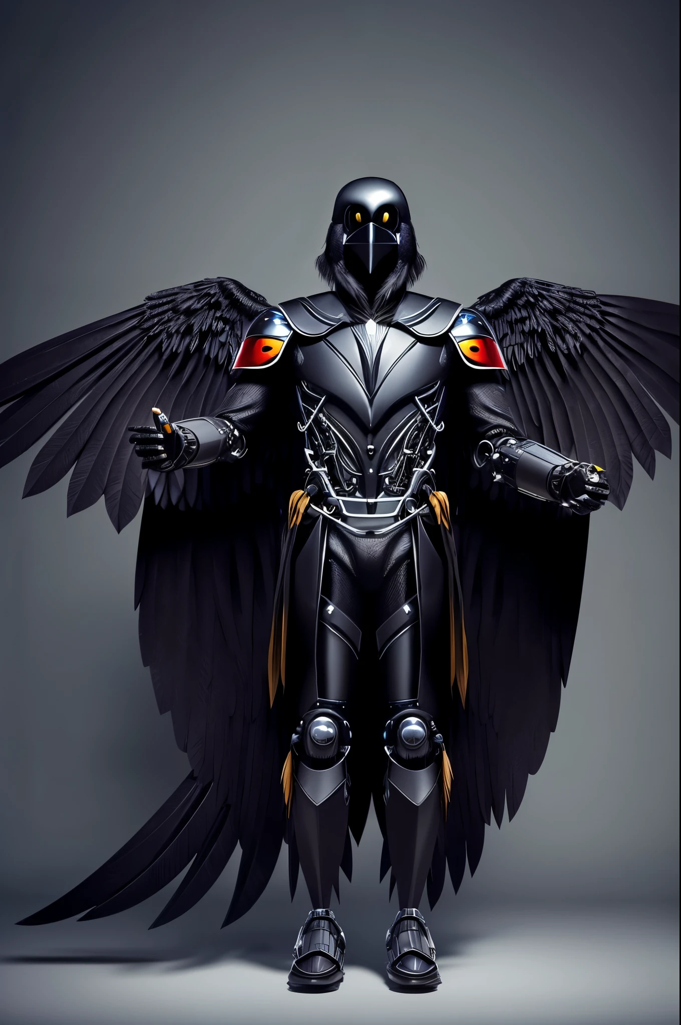 A crow-man with large spread wings with a semi-robotic crow-like face