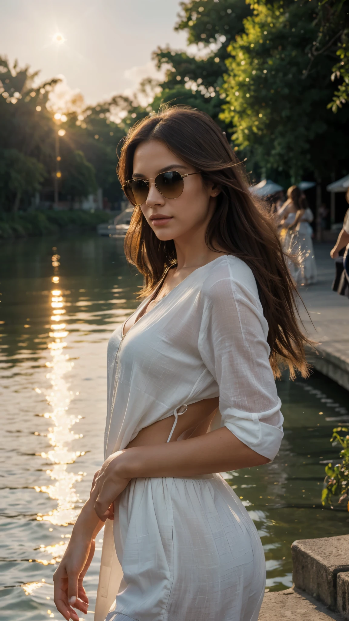 (quality,4k,8k,highres,masterpiece:1.2),ultra-detailed,(realistic,photorealistic,photo-realistic:1.37),portraits,vivid colors,studio lighting,sharp focus,masterpiece-like expression,stylish sunglasses,glamorous,confident stride,lively atmosphere,serene river view,paved embankment with vibrant flowers,soft natural lighting,gentle breeze caressing the model's hair,subtle shadows adding depth to the scene,lively passersby in the background,enchanting sunset hues reflecting in the water