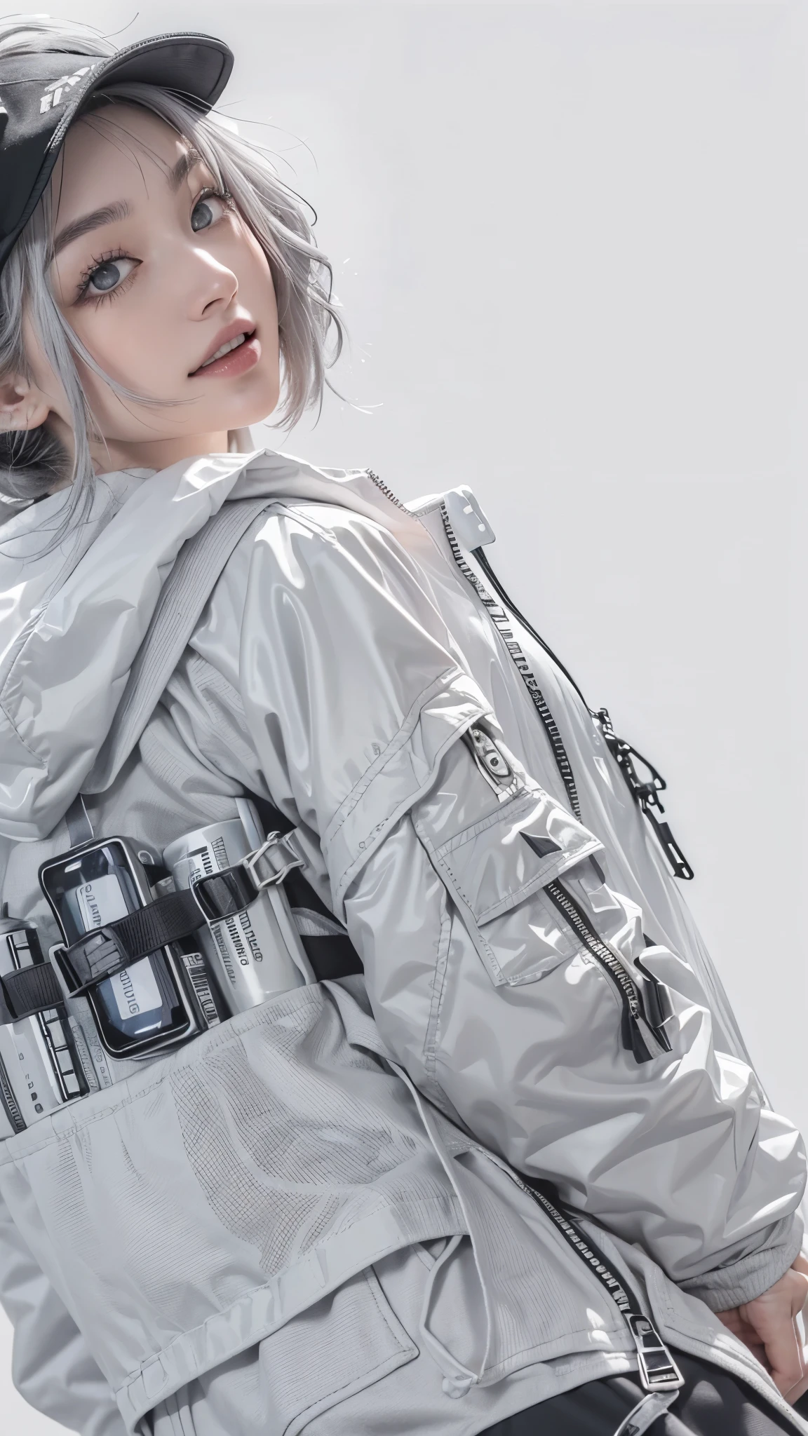 (Realistic:1.2), (fashion portrait:1.2), (all body), (ultra detailed, beautiful, masterpiece, best quality:1.2), BREAK
(1girl:1.2), 22 years old, 160 cm, Japanese cute model, Tightened all body, , small head, small face, diamond Face, small nose, Sharp Faceline, (Detailed face:1.2), young hands and fingers, beautiful hands and fingers, five fingers,
BREAK
(happy, smile, Glossy Lips:1.3), (Light color lips, Half open mouth, beautiful Teeth:1.2), (droopy eyes, Double eyelid, light color eyes, Shiny eyes:1.5), (Detailed eyes:1.2), Shiny skin,
BREAK
(medium hair, ponytail hairstyle, wearing a cap, gray hair:1.4), shiny hair,
BREAK
(cowboy shot, all body:1.4), (standing,  model pose:1.4),
(gray simple background:1.4), 
BREAK

(Cyberpunk theme:1.4), (baggy cargo pants theme:1.3), ((wear an oversized black cargo large pocket  baggy half pants with a narrow hem) over black short socks:1.3), (Knee skin:1.3), (black pattern print black short socks:1.2),
BREAK
(White theme:1.3), (oversized and baggy waist-length White outerwear:1.2), (fusion of high collar black windbreaker and black hoodie:1.3), (White Nylon:1.4), ((zipper, large pocket):1.2),
BREAK
(black platform Cyberpunk Sneaker:1.4), (wear a MOUNTAIN backpack:1.4), (Realistic wear:1.5), (Detailed wear:1.3),
BREAK
(White simple cap:1.2),