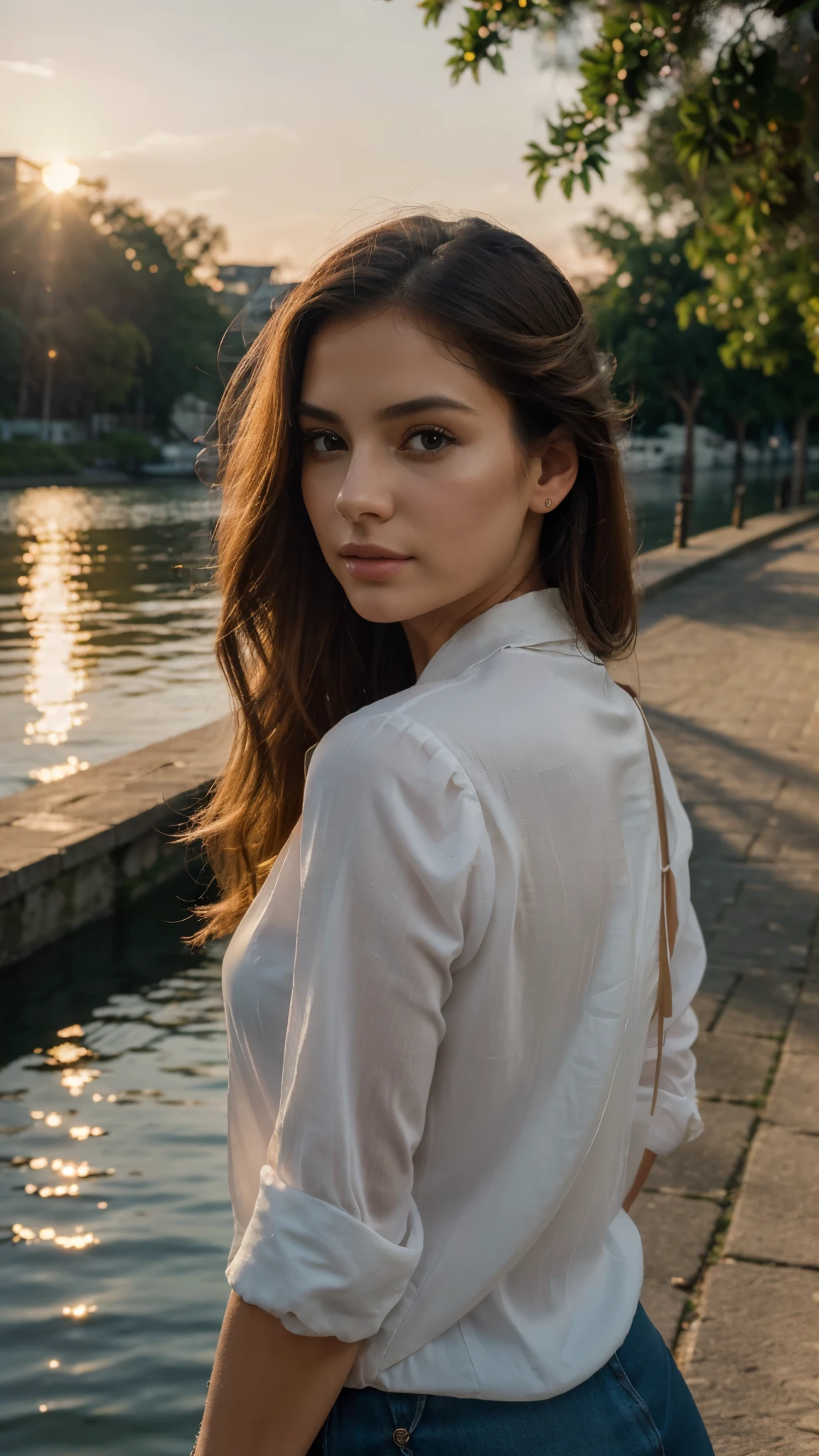 (chef-d&#39;artwork), ((best quality)), (chef-d&#39;artwork,best quality,art officiel,fond d&#39;Extremely detailed Unity 8k CG display), , photo beauty, Une dame，Seulement, College Student, traveling to Barcelona in summer, cheveux longs bruns, utiliser un chemisier ouvert blanc, dans le stade voir jouer le FC Bayern