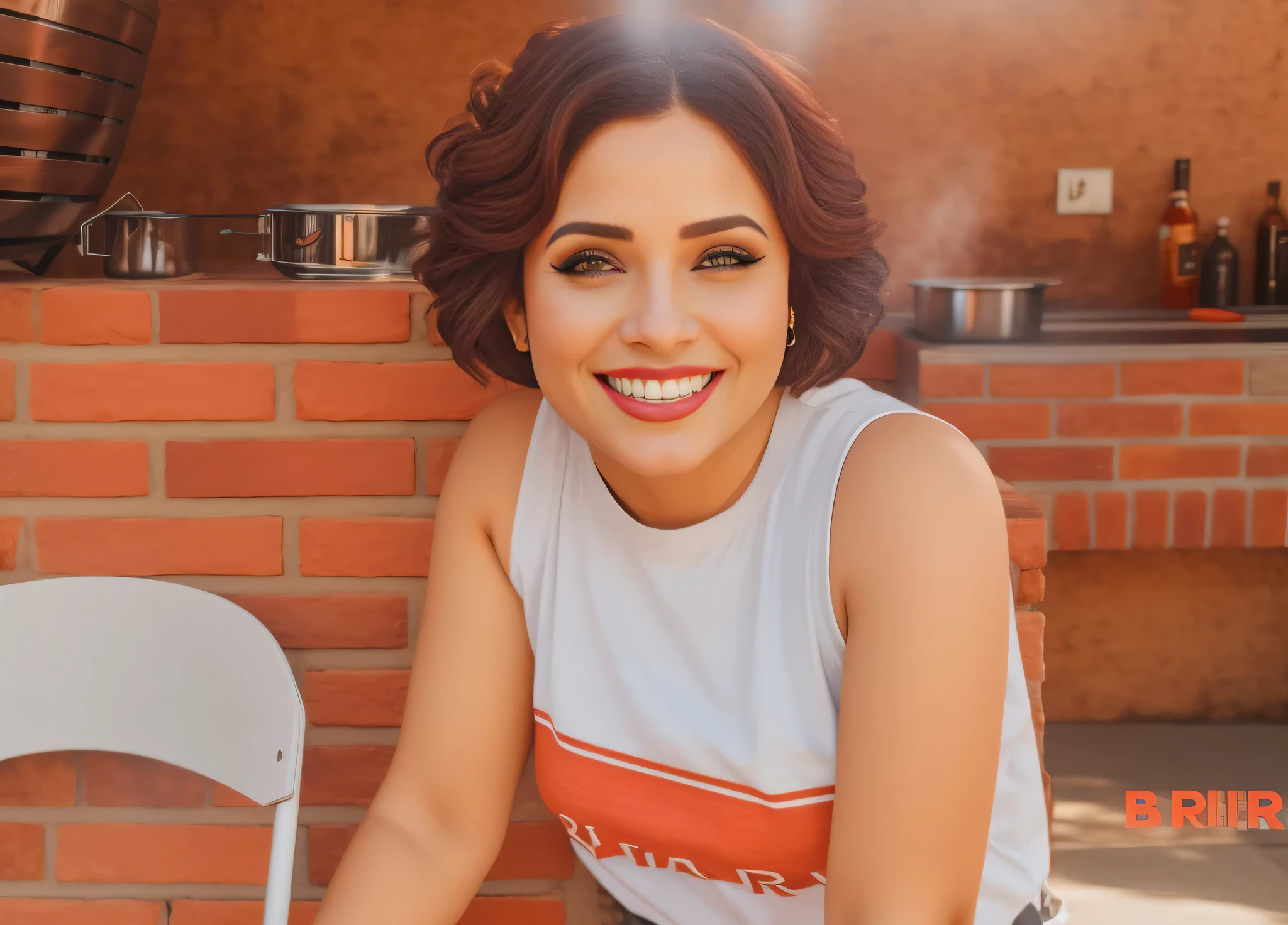 There's a woman standing at a grill, vestido com uma camiseta branca, high resolution, alta qualidade, obra-prima, 8k
