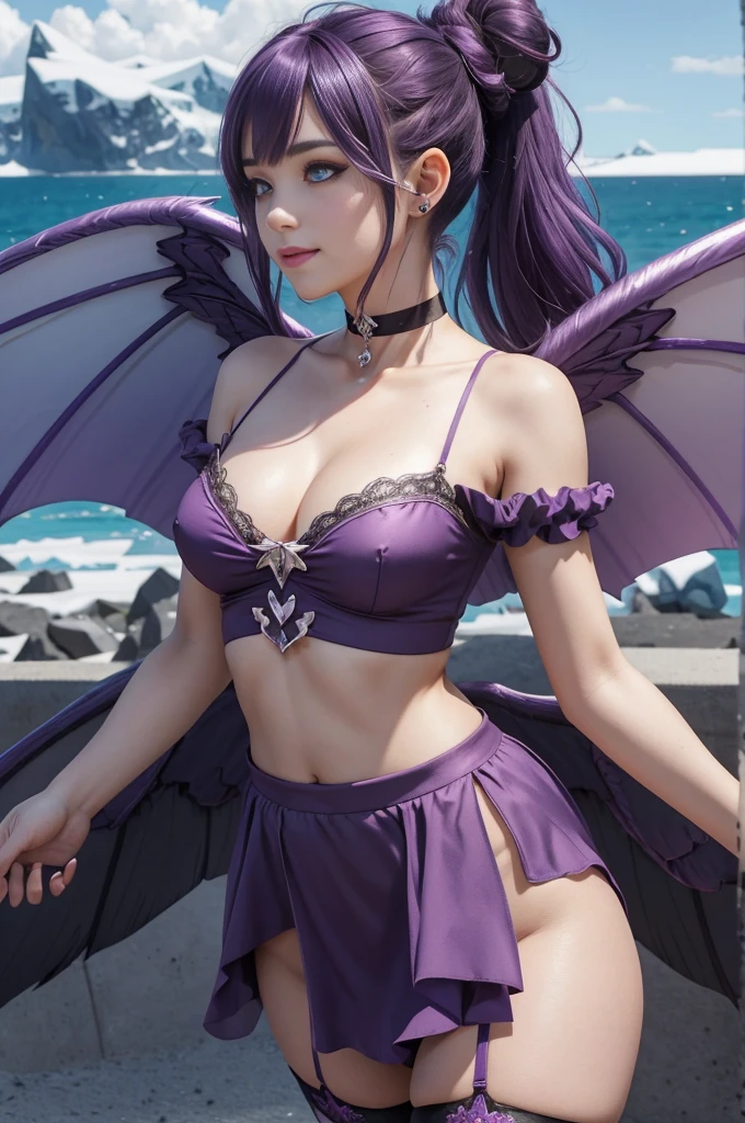 1GIRL MASTERPIECE, blushing, freckle, purple thighhighs, purple thighs, shades, nude, unclothed,  partly cloudy sky, walking in antarctica, female, shy, tiny, little, small, smile, erotic, skinny, dark blue_hair, lips, light particles, sharp focus, bell, black_choker, long wings, hair bun, pointy ears, purple eyes, ,Rosetta, Curled hair, Fairy Wings,more_details:-1, more_details:0, more_details:0.5, more_details:1, more_details:1.5, Ponytail, Purple hair band, Fairy Wings, Cleavage, Vidia,