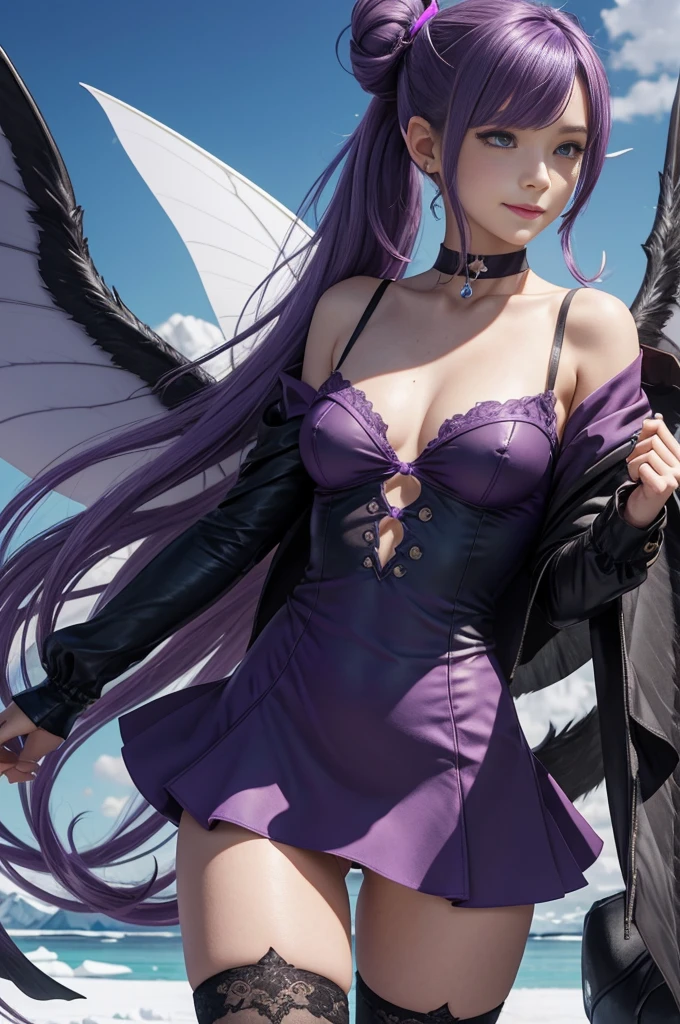 1GIRL MASTERPIECE, blushing, freckle, purple thighhighs, purple thighs, shades, nude, unclothed,  partly cloudy sky, walking in antarctica, female, shy, tiny, little, small, smile, erotic, skinny, dark blue_hair, lips, light particles, sharp focus, bell, black_choker, long wings, hair bun, pointy ears, purple eyes, ,Rosetta, Curled hair, Fairy Wings,more_details:-1, more_details:0, more_details:0.5, more_details:1, more_details:1.5, Ponytail, Purple hair band, Fairy Wings, Cleavage, Vidia,