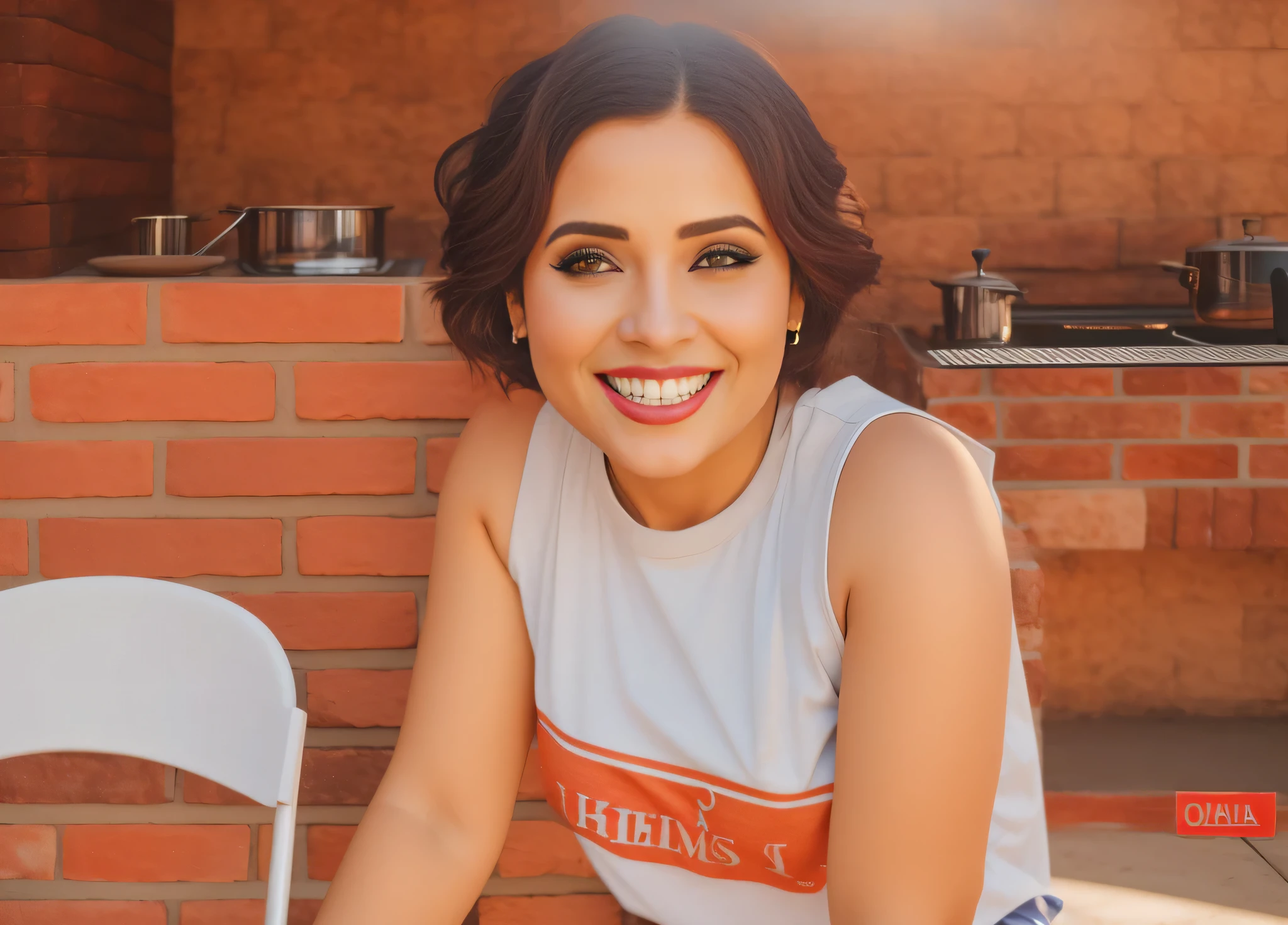 There's a woman standing at a grill, vestido com uma camiseta branca, high resolution, alta qualidade, obra-prima, 8k