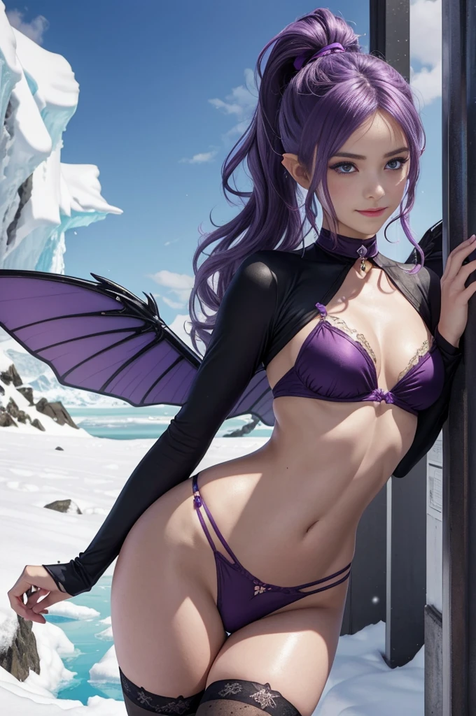 1GIRL MASTERPIECE, blushing, freckle, purple thighhighs, purple thighs, shades, nude, unclothed,  partly cloudy sky, walking in antarctica, female, shy, tiny, little, small, smile, erotic, skinny, dark blue_hair, lips, light particles, sharp focus, bell, black_choker, long wings, hair bun, pointy ears, purple eyes, ,Rosetta, Curled hair, Fairy Wings,more_details:-1, more_details:0, more_details:0.5, more_details:1, more_details:1.5, Ponytail, Purple hair band, Fairy Wings, Cleavage, Vidia,