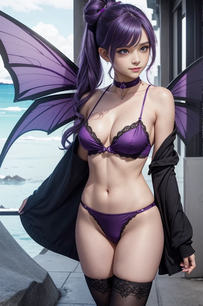 1GIRL MASTERPIECE, blushing, freckle, purple thighhighs, purple thighs, shades, nude, unclothed,  partly cloudy sky, walking in antarctica, female, shy, tiny, little, small, smile, erotic, skinny, dark blue_hair, lips, light particles, sharp focus, bell, black_choker, long wings, hair bun, pointy ears, purple eyes, ,Rosetta, Curled hair, Fairy Wings,more_details:-1, more_details:0, more_details:0.5, more_details:1, more_details:1.5, Ponytail, Purple hair band, Fairy Wings, Cleavage, Vidia,