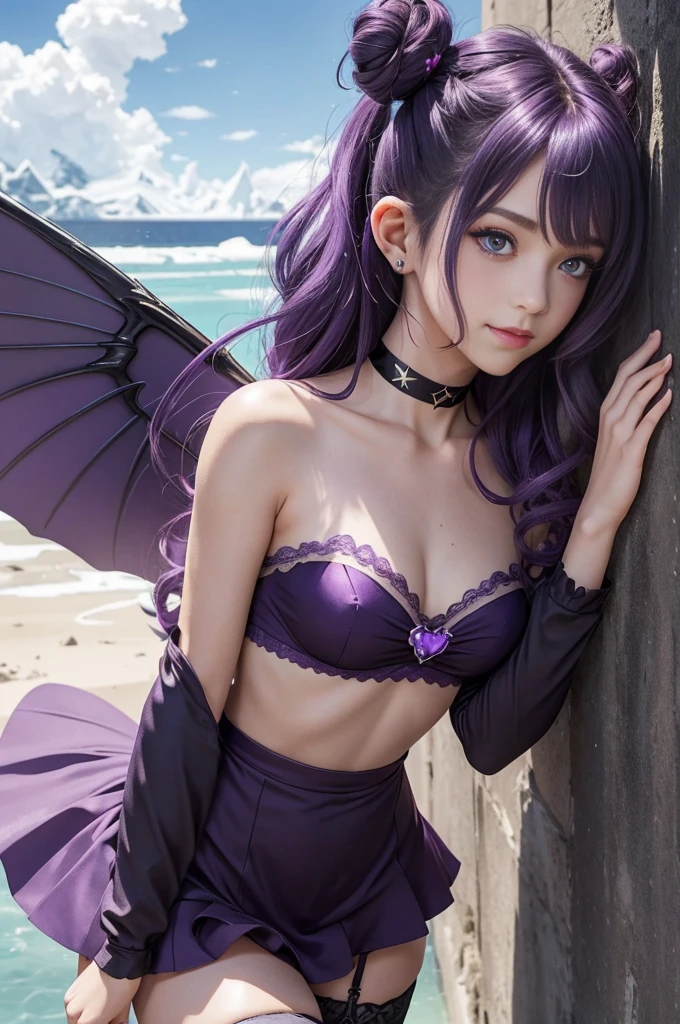 1GIRL MASTERPIECE, blushing, freckle, purple thighhighs, purple thighs, shades, nude, unclothed,  partly cloudy sky, walking in antarctica, female, shy, tiny, little, small, smile, erotic, skinny, dark blue_hair, lips, light particles, sharp focus, bell, black_choker, long wings, hair bun, pointy ears, purple eyes, ,Rosetta, Curled hair, Fairy Wings,more_details:-1, more_details:0, more_details:0.5, more_details:1, more_details:1.5, Ponytail, Purple hair band, Fairy Wings, Cleavage, Vidia,