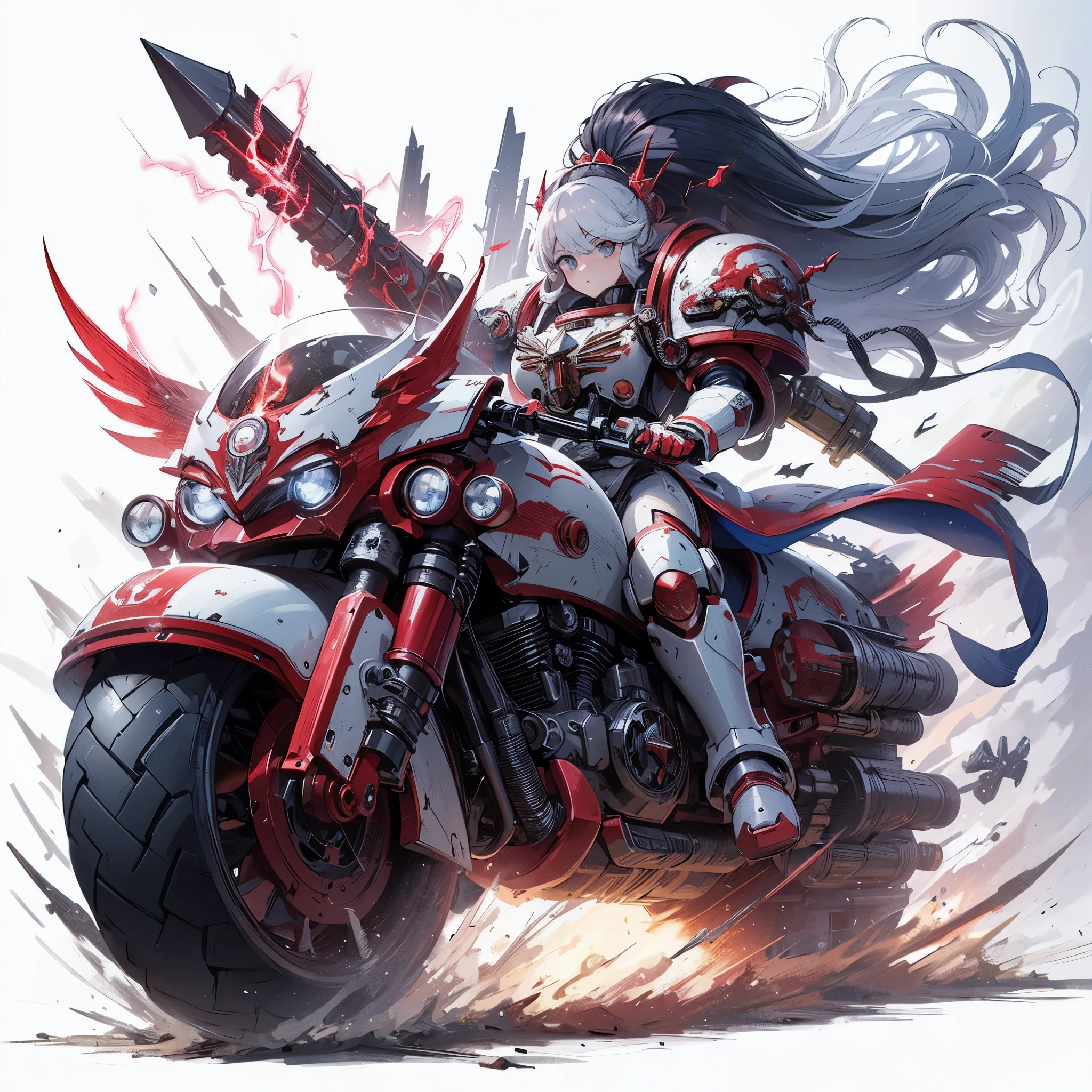 Masterpiece, best quality, ultra-detailed, anime style, full body of space marine girl, white and red power armor with scimitar, black topknot hair, Riding a GIANT HUGE motorcycle, Warhammer 40K, supernatural Lightning and flame, ((red Lightning symbol)), 8k high resolution, trending art station, white background, whole body,