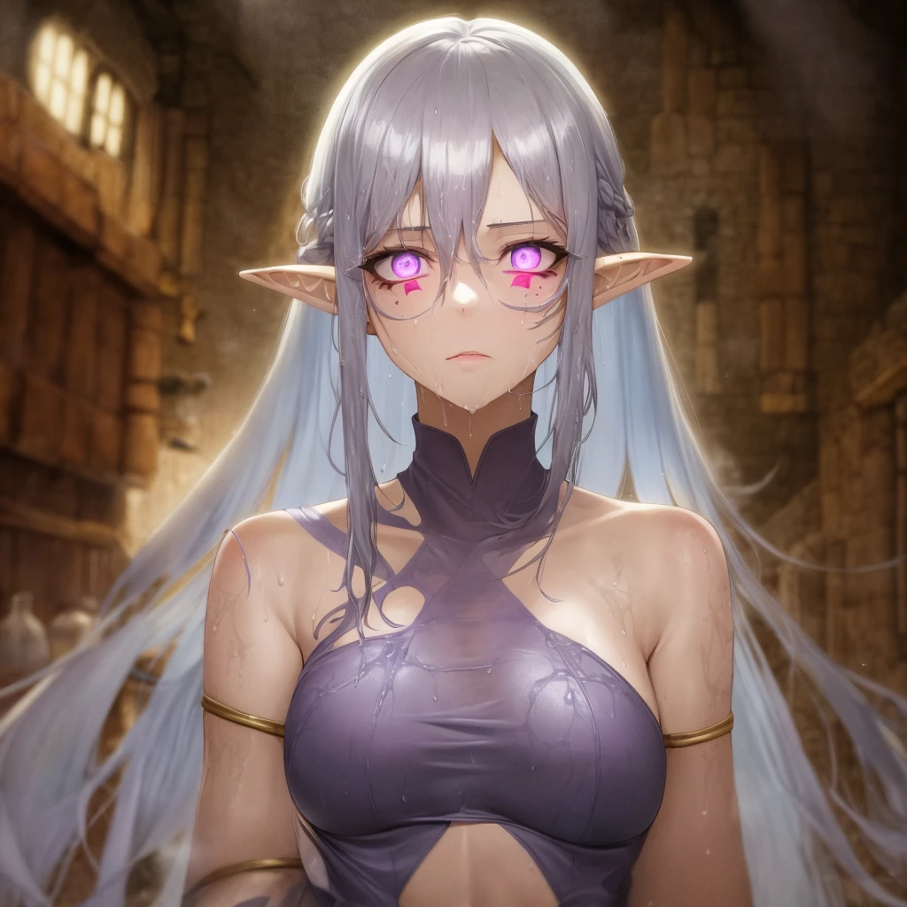 A tall and beautiful elf woman, light blue glowing eyes, cold expression, proud posture, chest up, lavender skin, purple facial tattoos, silver tied hair, exposed chest, exposed shoulders , showing her navel and thighs, looking up at the camera, with sweat on her body, her wet body, in a medieval inn.