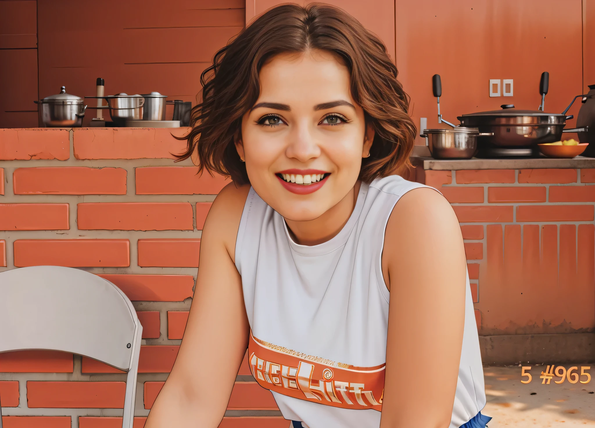 There's a woman standing at a grill, vestido com uma camiseta branca, high resolution, alta qualidade, obra-prima, 8k