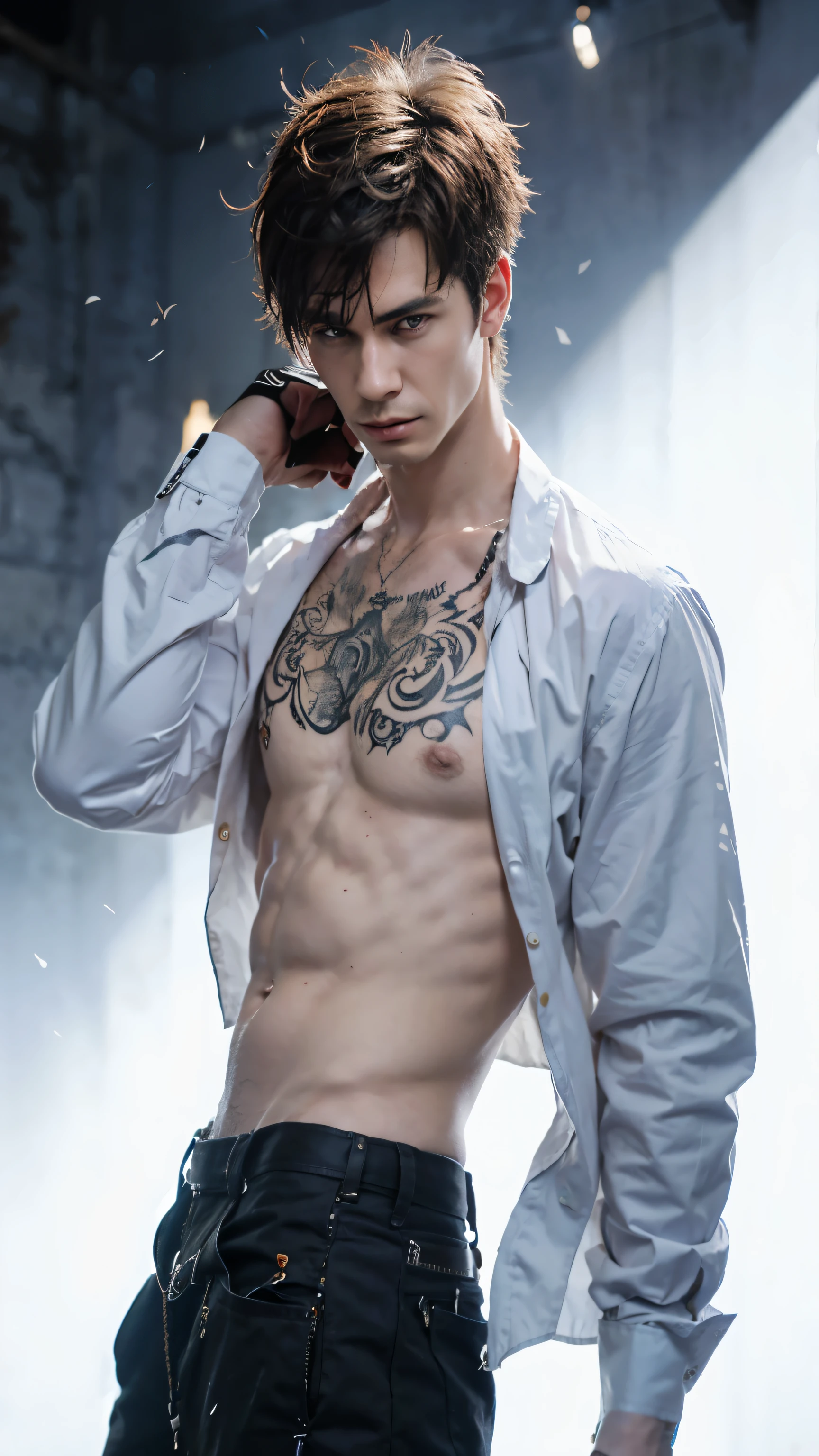 there is a man with a tattoo on his ????? and a shirt on, handsome guy in demon slayer art, handsome, realistic, ultra detail