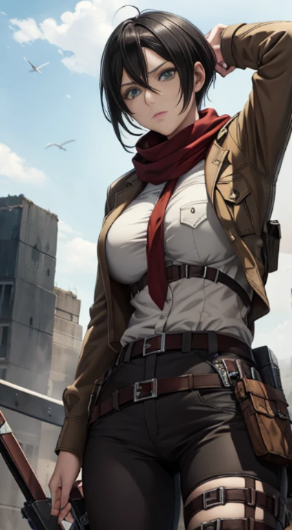 aot style, shingeki no kyojin,
mikasa ackerman,
1girl, arm strap, bangs, black hair, black pants, breasts, cowboy shot, embers, green eyes, grey background, hair between eyes, harness, long sleeves, looking at viewer, medium breasts, pants, red scarf, scarf, shirt, short hair, smoke, solo, thigh strap, brown jacket, white shirt, survey corps \(emblem\)
, ((masterpiece)), best quality
,