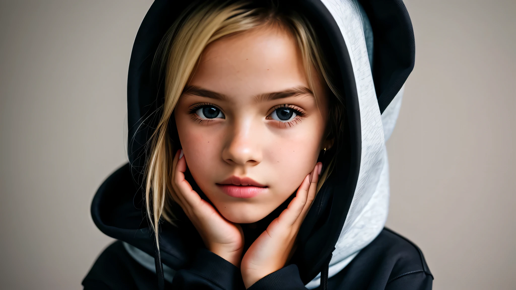 KIDS GIRL BLONDE in a black hoodie holding her head in her hands, KIDS girl wearing hoodie, in a black hoodie, close up portrait photo, gorgeous young model, in a hoodie, portrait black and white portrait, wearing a black hoodie