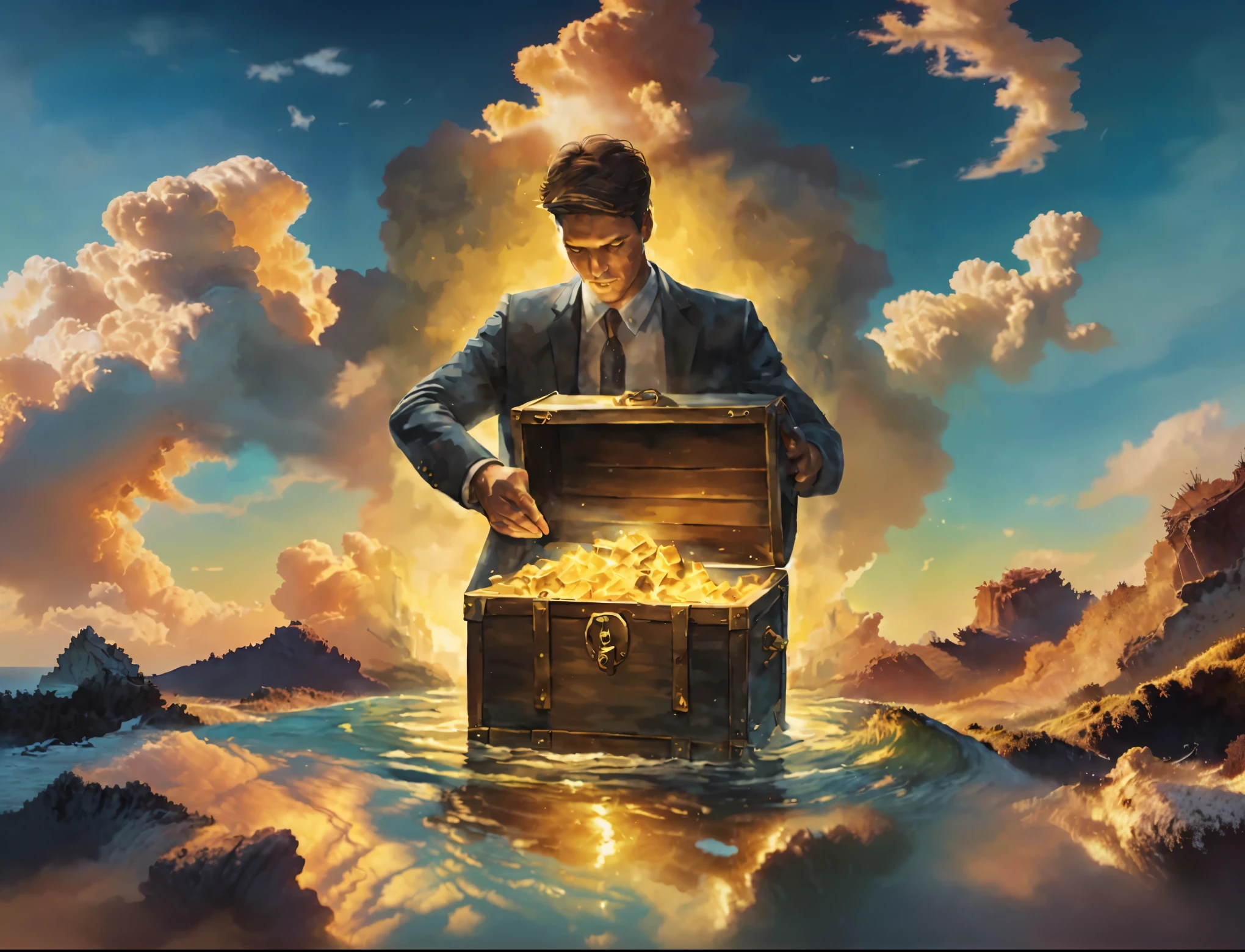 expand background, colorful golden clouds, celestial, warm golden glow, water under chest, water paint, high definition, golden discovery