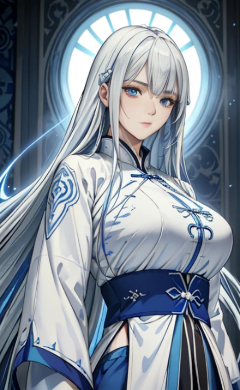 Mature girl, white hair, blue-streaked white hair, floating hair, delicate eyes, blue pupils, heroine, blue and white antique damask hanfu, FOV, f1.8, masterpiece, complex scene, (portrait shot), (front shot), dominant blue outfit, right front bangs, asymmetrical hair, glowing eyes