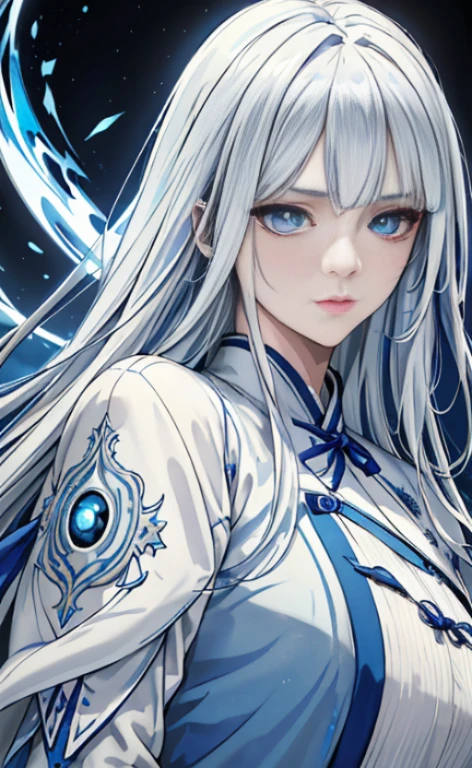 Mature girl, white hair, blue-streaked white hair, floating hair, delicate eyes, blue pupils, heroine, blue and white antique damask hanfu, FOV, f1.8, masterpiece, complex scene, (portrait shot), (front shot), dominant blue outfit, right front bangs, asymmetrical hair, glowing eyes
