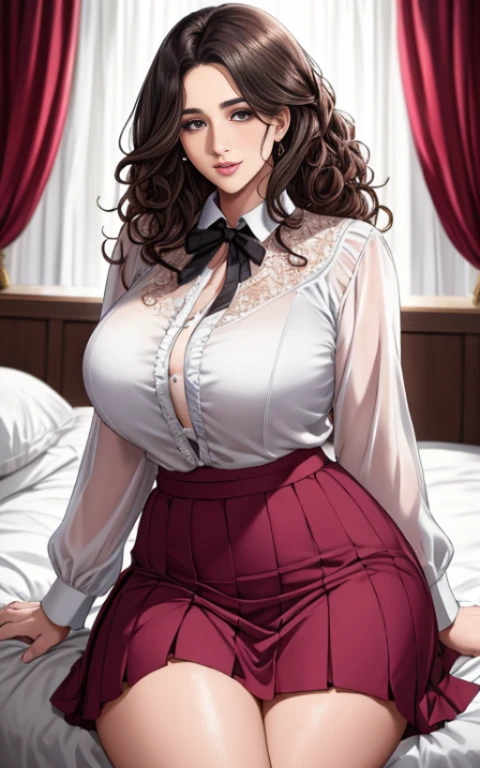 woman with curly hair wearing a skirt and blouse with detailed seductive alluring eyes in a modern bedroom, best quality masterpiece, photorealistic, detailed, 8k, HDR, shallow depth of field, broad light, high contrast, backlighting, bloom, light sparkles, chromatic aberration, sharp focus, RAW color photo