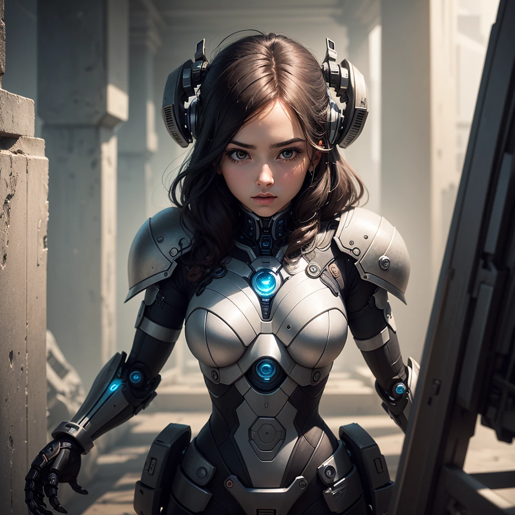Background with futuristic elements, with Girl studying with robotic elements, with the highlighted phrase "Do not let prograstination dominate overcome your limits firmly and with faith and constancy",