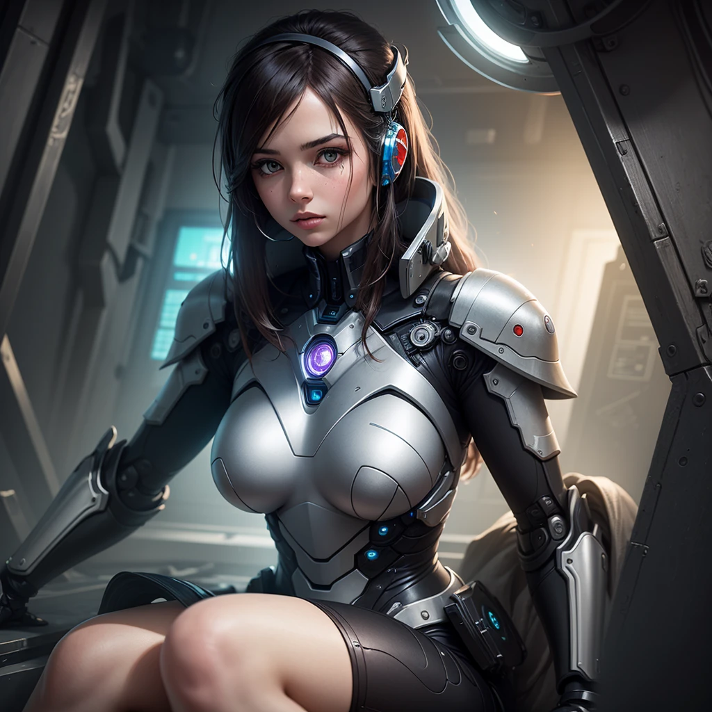 Background with futuristic elements, with Girl studying with robotic elements, with the highlighted phrase "Do not let prograstination dominate overcome your limits firmly and with faith and constancy",