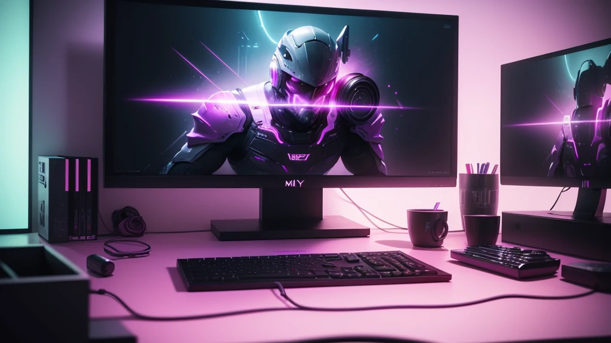 best quality, photography, film grain texture and high contrast, extremely high-resolution details, photographic, photorealistic, hyper-realistic, HDR, masterpiece, PC gaming monitor, low light pink and purple neon lights along the walls behind the monitor, close-up of monitor, clean gaming desk background