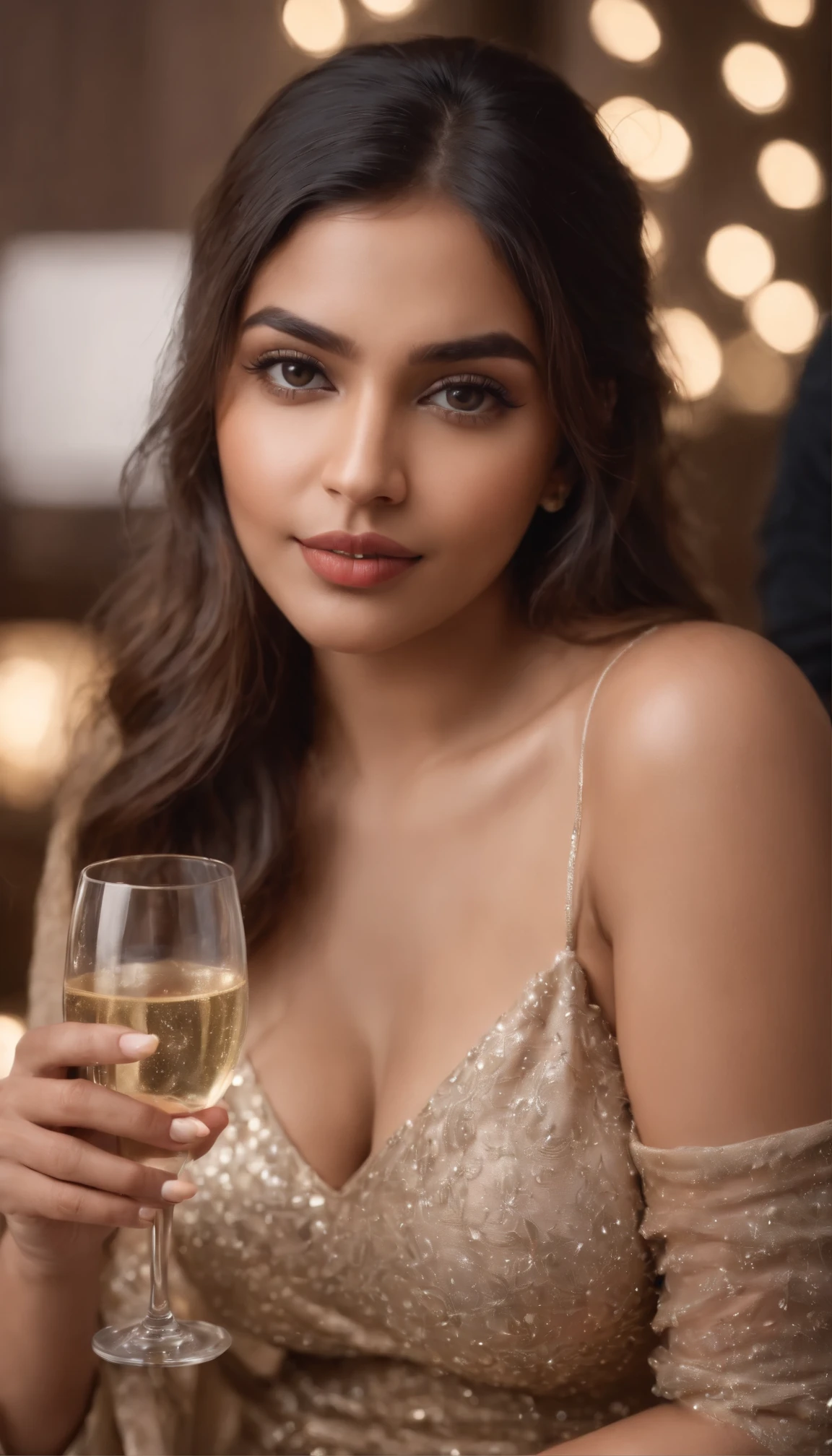 A 8K hd realistic photo of a girl photo of a indian curvy model with thicc body  in a beautiful tight dress posing for the camera with a glass of champagne in her hands