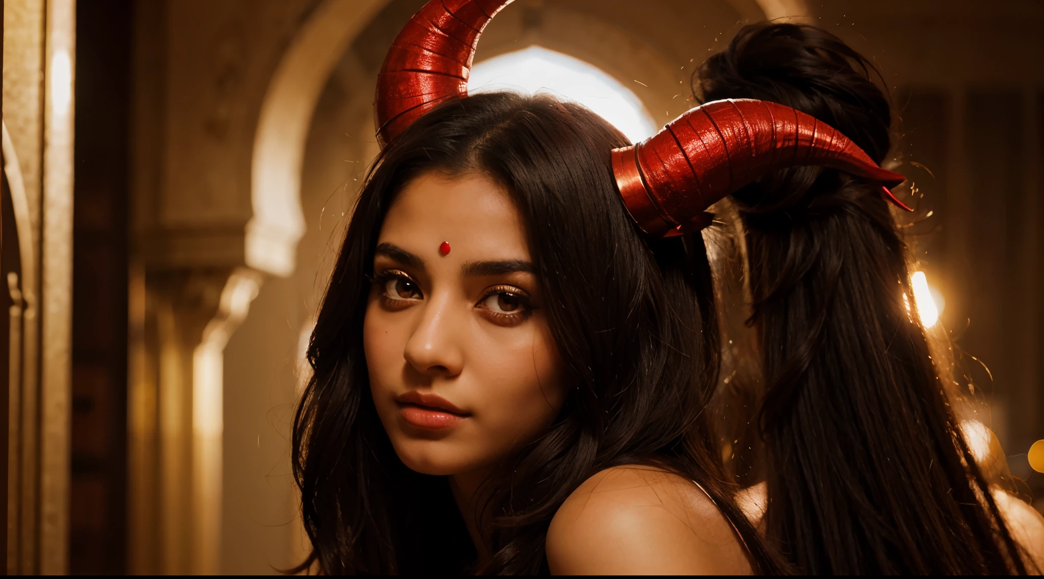 A beautiful Arab girl with horns on her head and red eyes